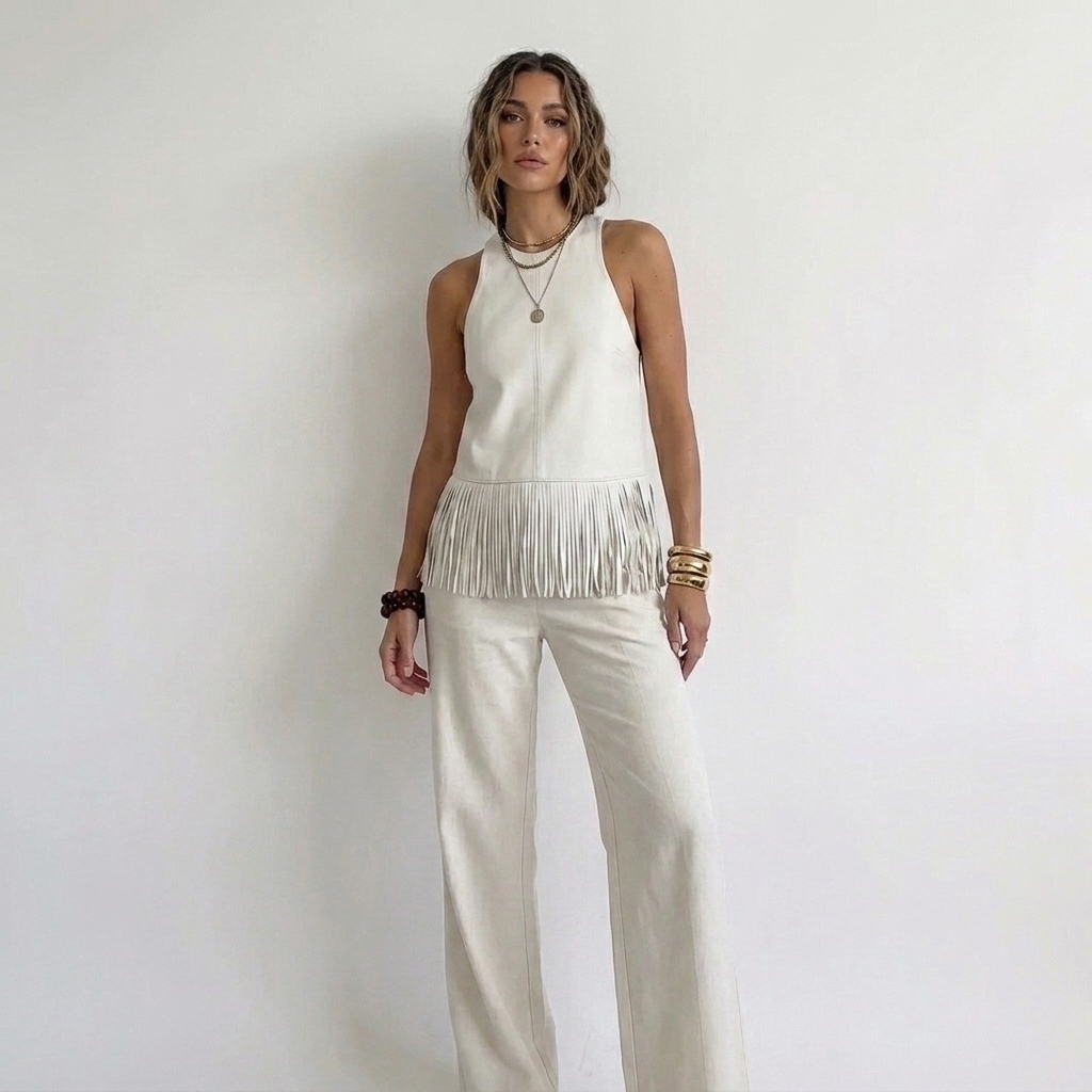 Off-white halter top van kunstleer met franjes, gedragen op een linnen wide leg broek