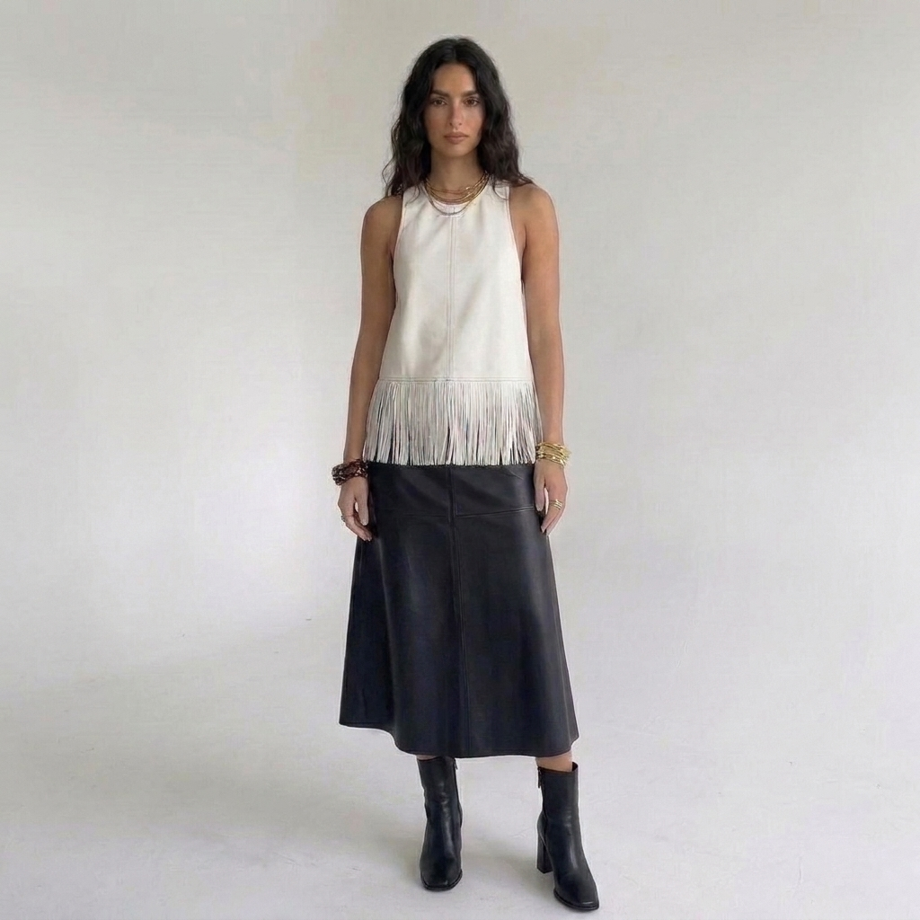 Off-white kunstleren franjetop gecombineerd met een zwarte leren midirok en enkellaarsjes