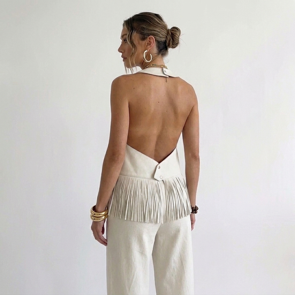 Achterkant van de off-white kunstleren top met diep open rug en halterband in de nek