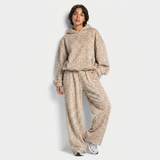 beige luipaard loungeset dames met capuchon en wijde broek