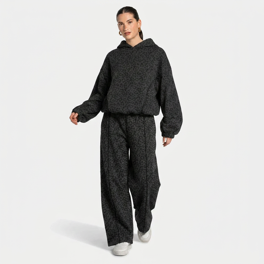 zwart luipaardprint joggingpak dames met oversized hoodie