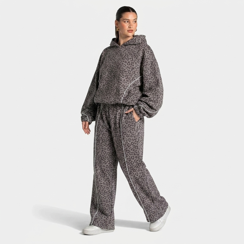 grijs luipaardprint huispak dames zijaanzicht met wijde broek