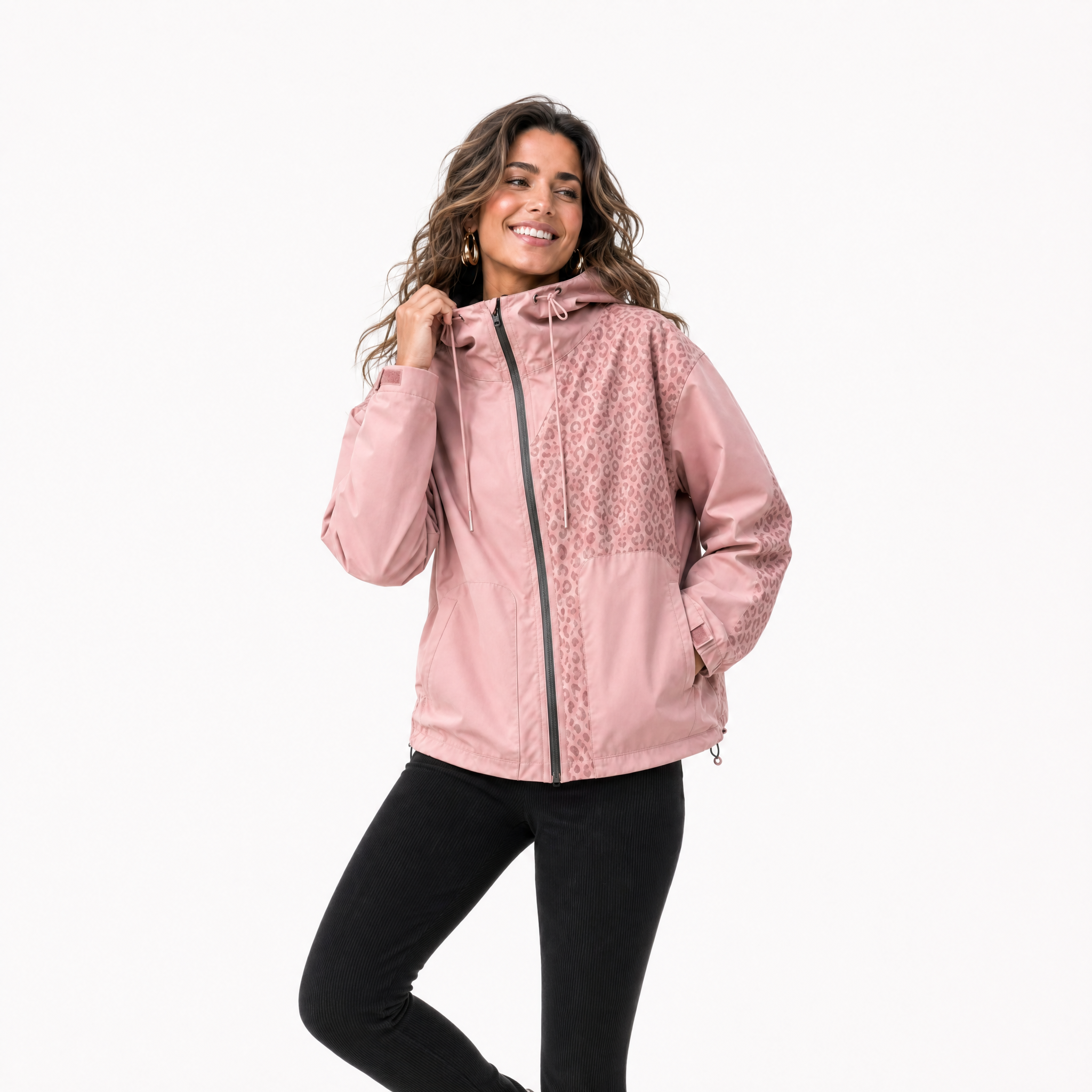 roze regenjas dames met luipaardprint paneel en capuchon