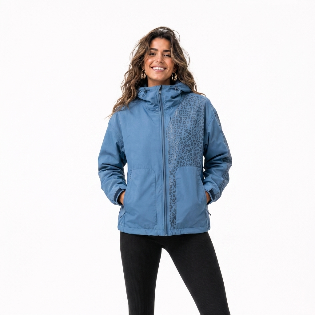 blauwe regenjas dames met luipaardprint en capuchon met koordjes