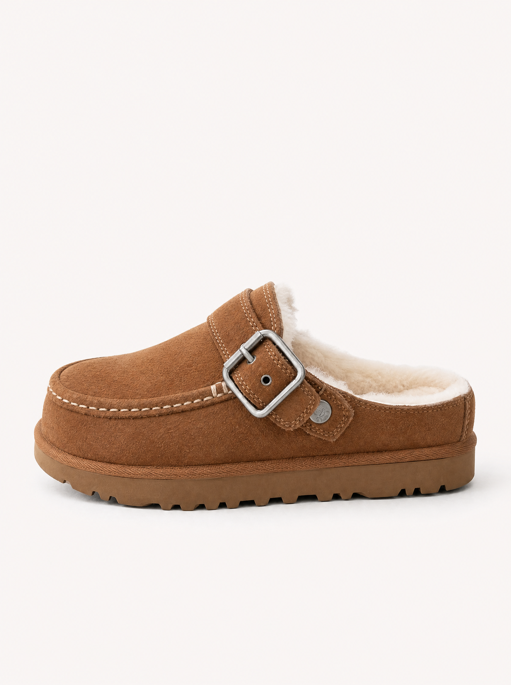 camel gevoerde suède clog dames met gesp en profielzool