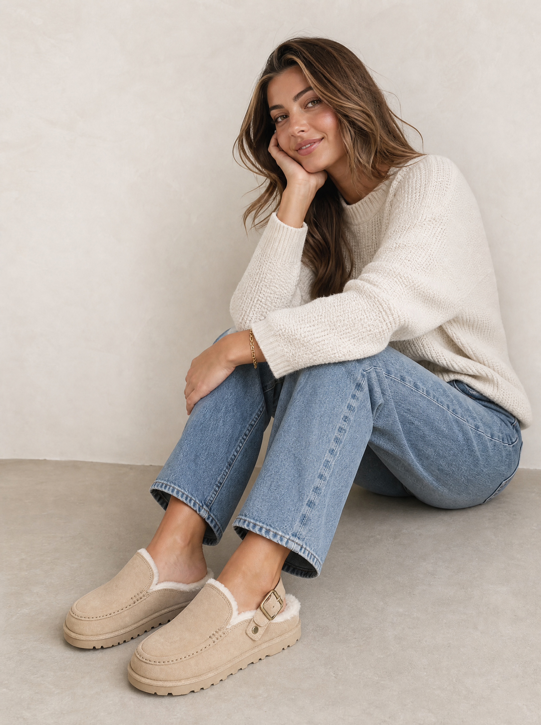 beige gevoerde clogs dames gedragen bij een lichte jeans