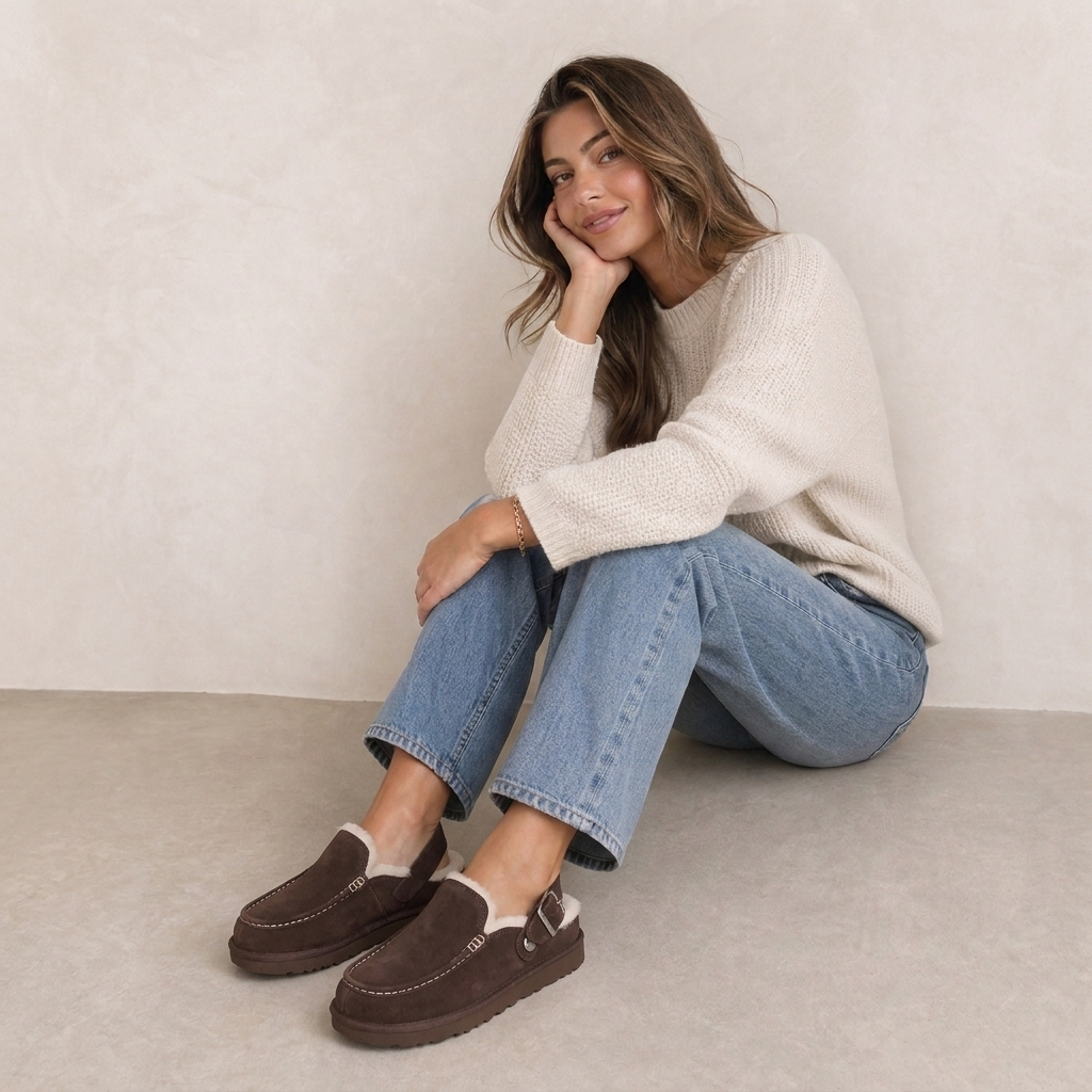 donkerbruine clogs dames gedragen met beige gebreide trui
