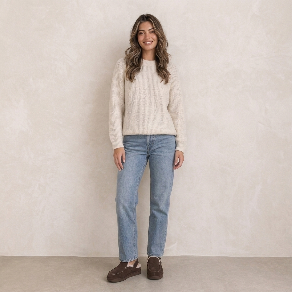 donkerbruine gevoerde clogs dames gedragen bij jeans en trui