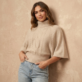 beige korte mouwen coltrui dames met kabeldetail en ribboord