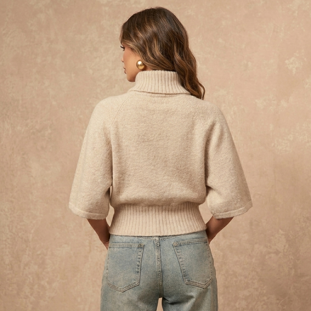 achterkant beige gebreide coltrui dames met wijde mouwen