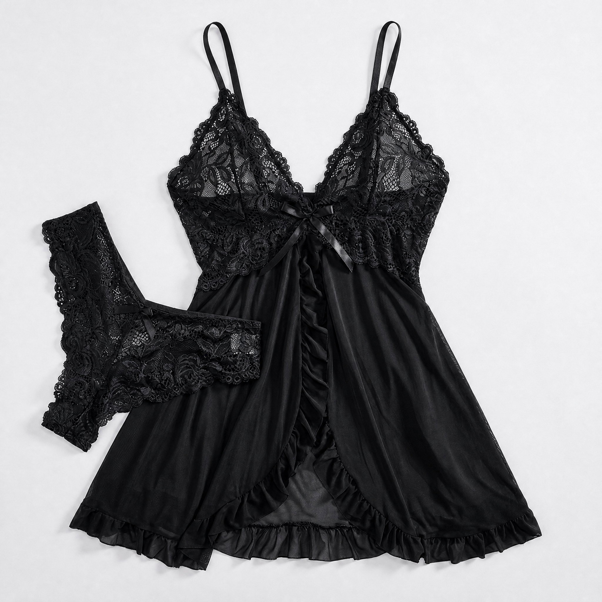 zwarte kanten babydoll set met bijpassende slip dames