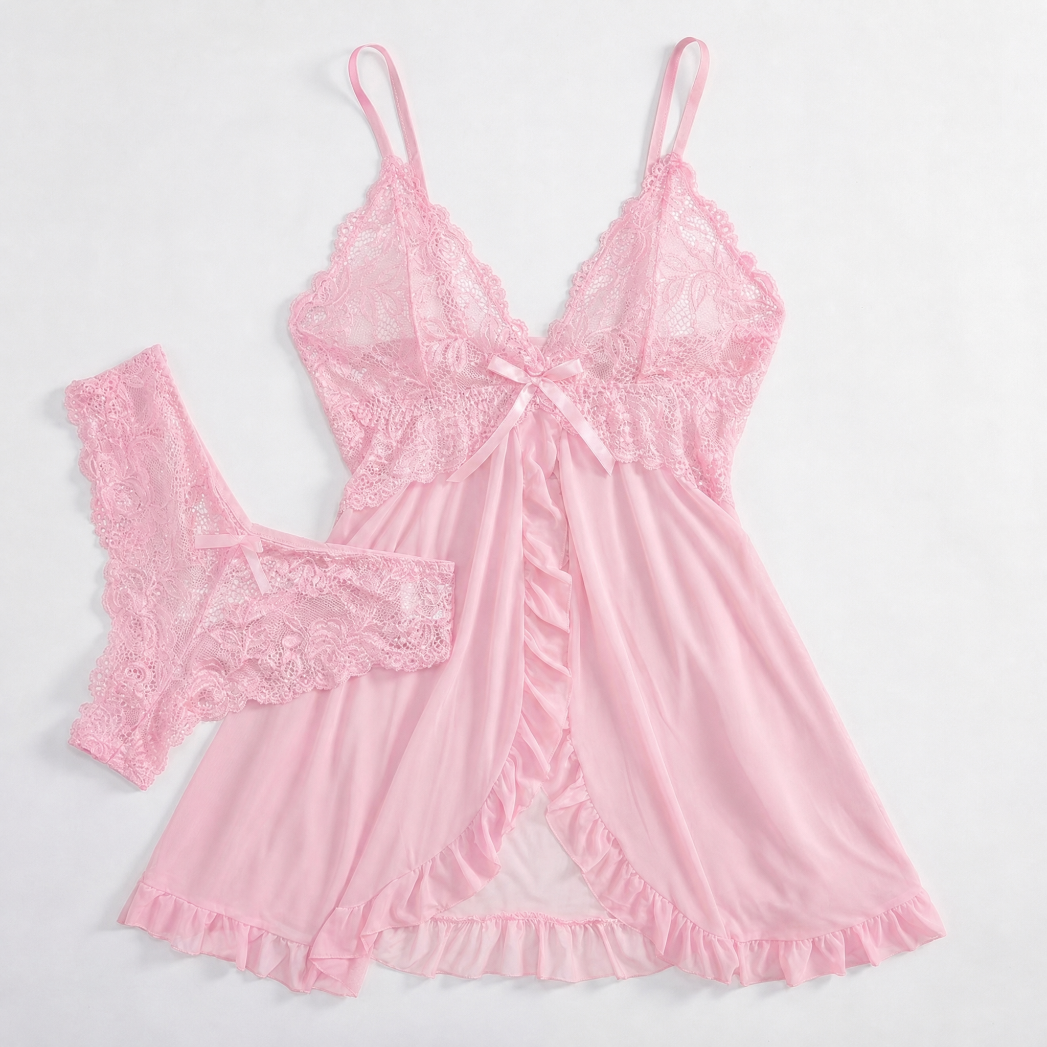 roze 2-delige babydoll lingerieset met kanten slip dames