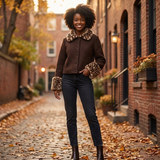 kort chocoladebruin vest met bontlook details en bruine enkellaarsjes dames