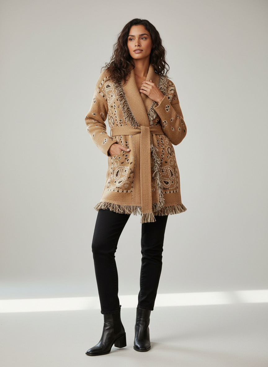 meliora cashmere cardigan khaki met bandana details