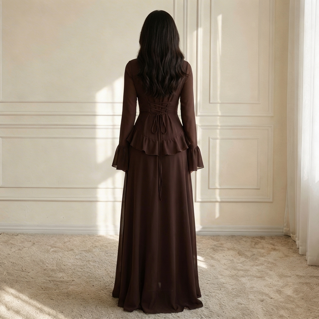 maxi jurk achterkant met strikdetail taille en ruffles dames