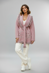 meliora cashmere cardigan roze met ceintuur en franjes