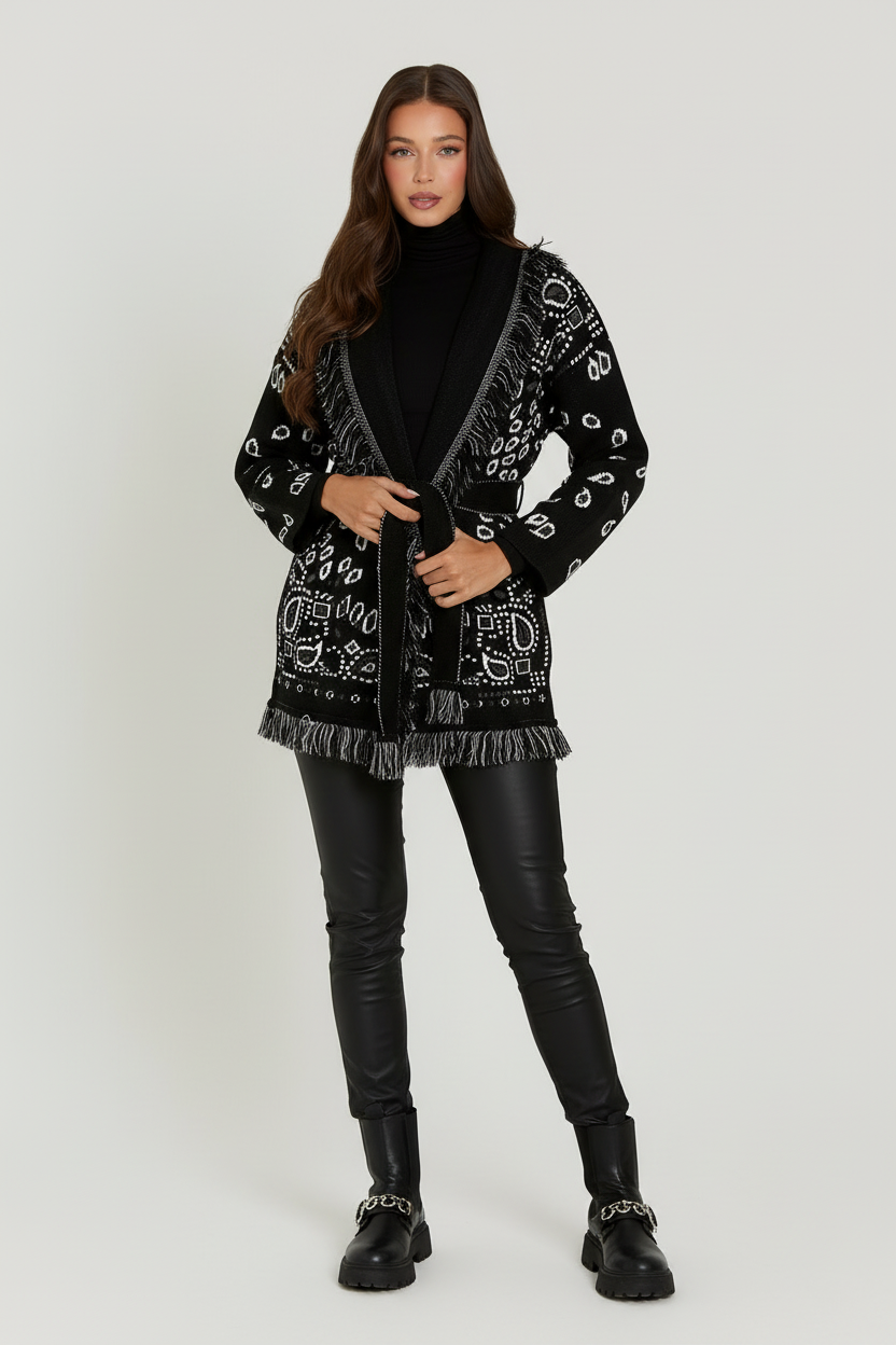 meliora cardigan zwart bandana print straatlook