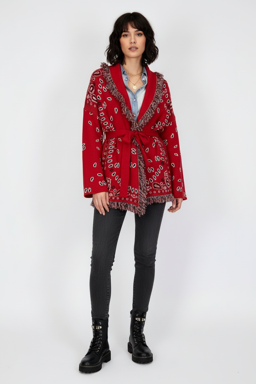 meliora vest rood bandana cardigan model