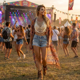 Pearlisse luxe parel body chain gedragen over beige gehaalte top als festival accessoire