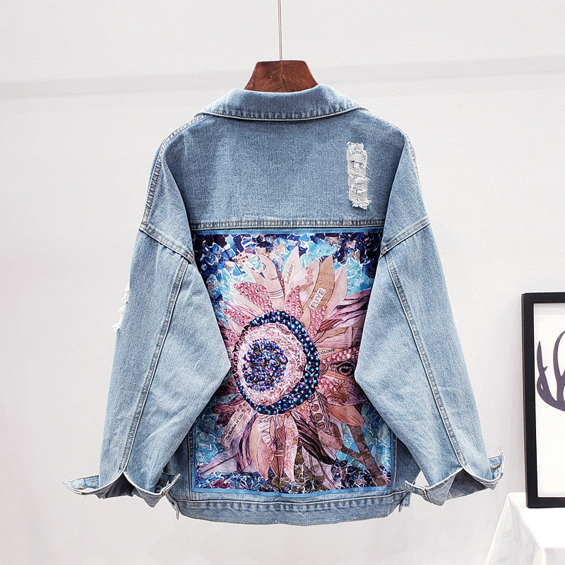 Oversized denim jas met bloemenprint achterzijde