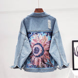 Oversized denim jas met bloemenprint achterzijde