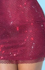 close-up rode strass mesh stof met glitters en open geweven rand