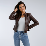 Veloura Biker Jacket in bruin vegan leer voor dames