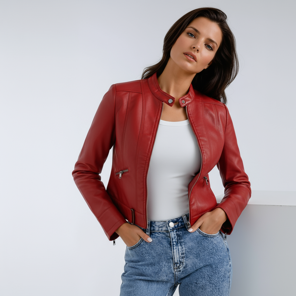 Veloura Biker Jacket in rood vegan leer voor dames