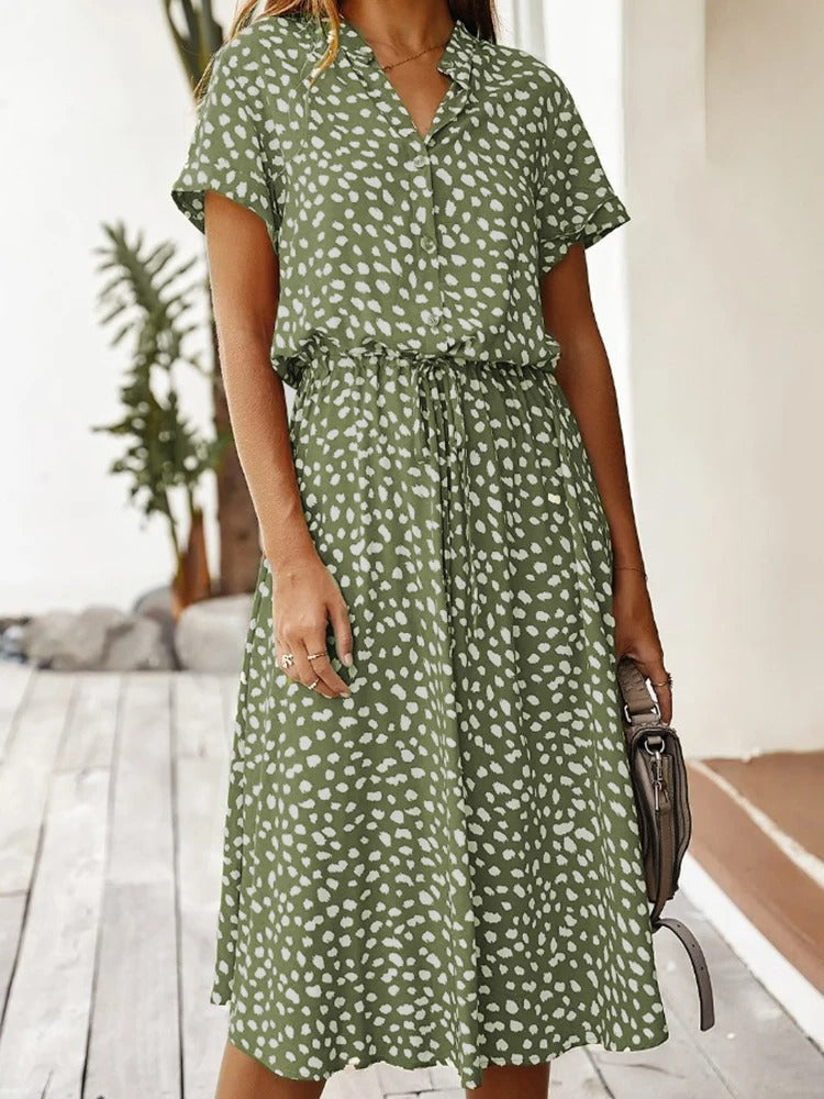 Zanelya | Midi Zomerjurk met Abstracte Stippenprint & Knoopsluiting