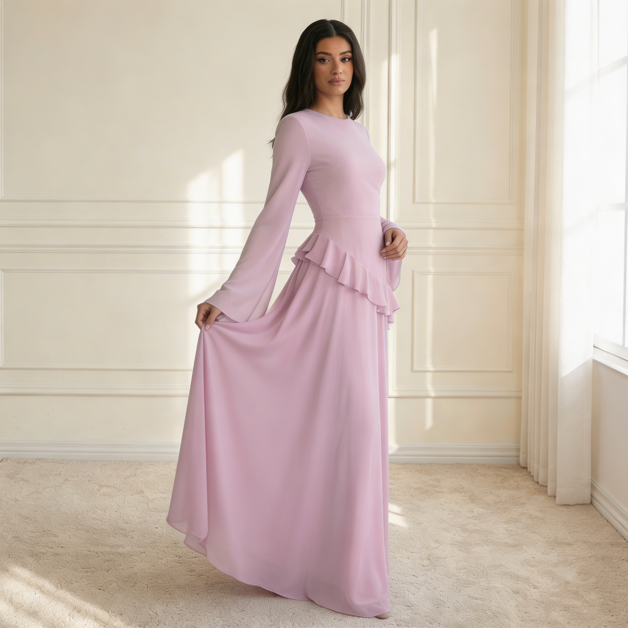 
roze maxi jurk met ruffle detail en lange mouwen dames