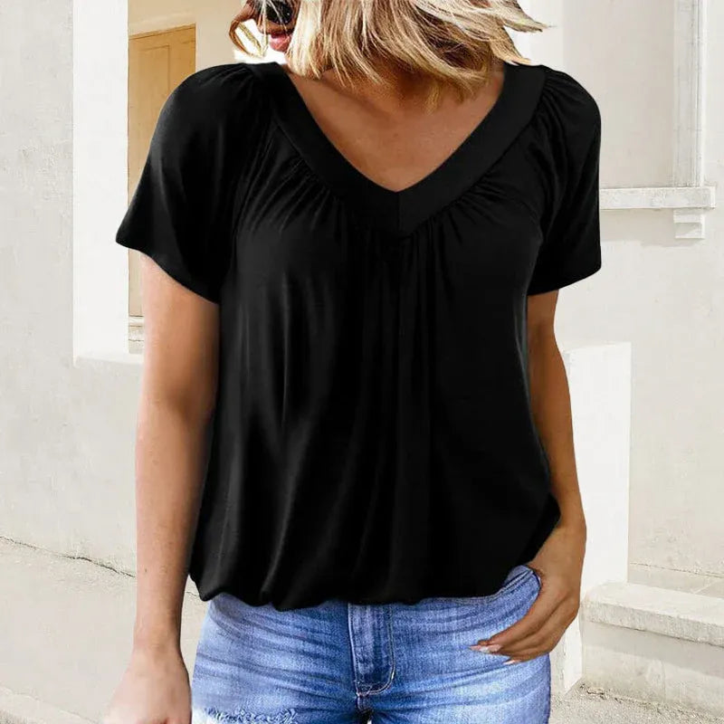 zwarte zomerse dames top met V-hals en korte mouw
