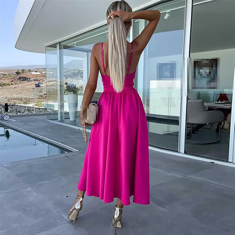 felroze cut-out jurk met split en verstelbare bandjes – achterkant