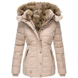 Beige gewatteerde winterjas met bontkraag voor dames