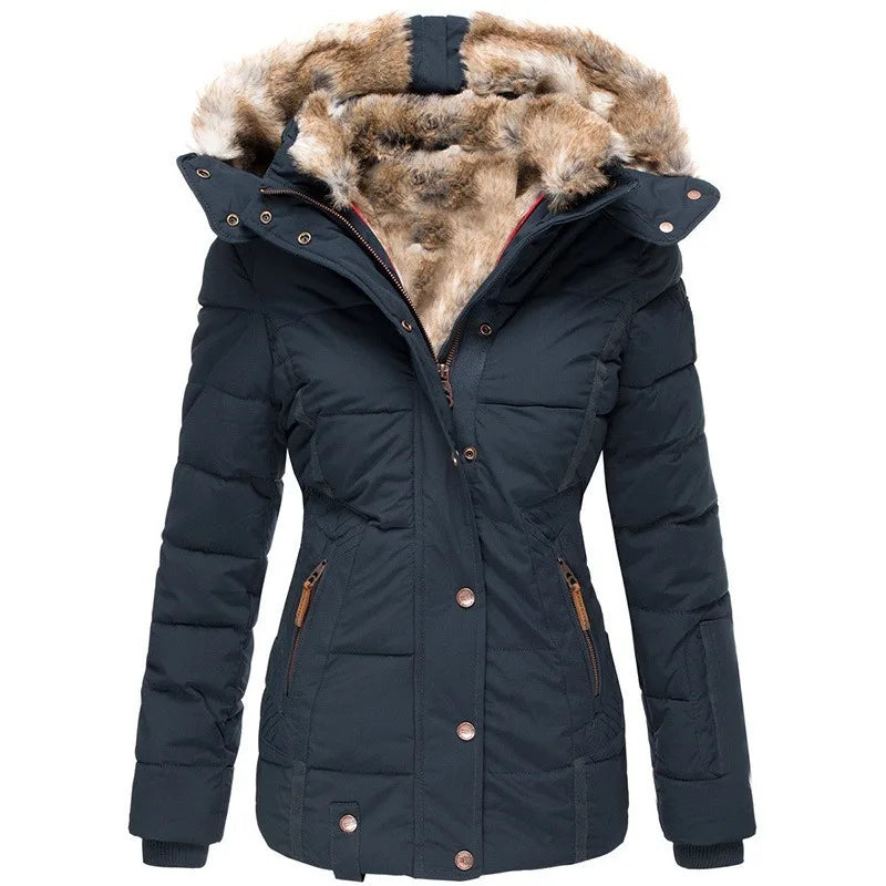 Donkerblauwe dames winterjas met luxe bontkraag