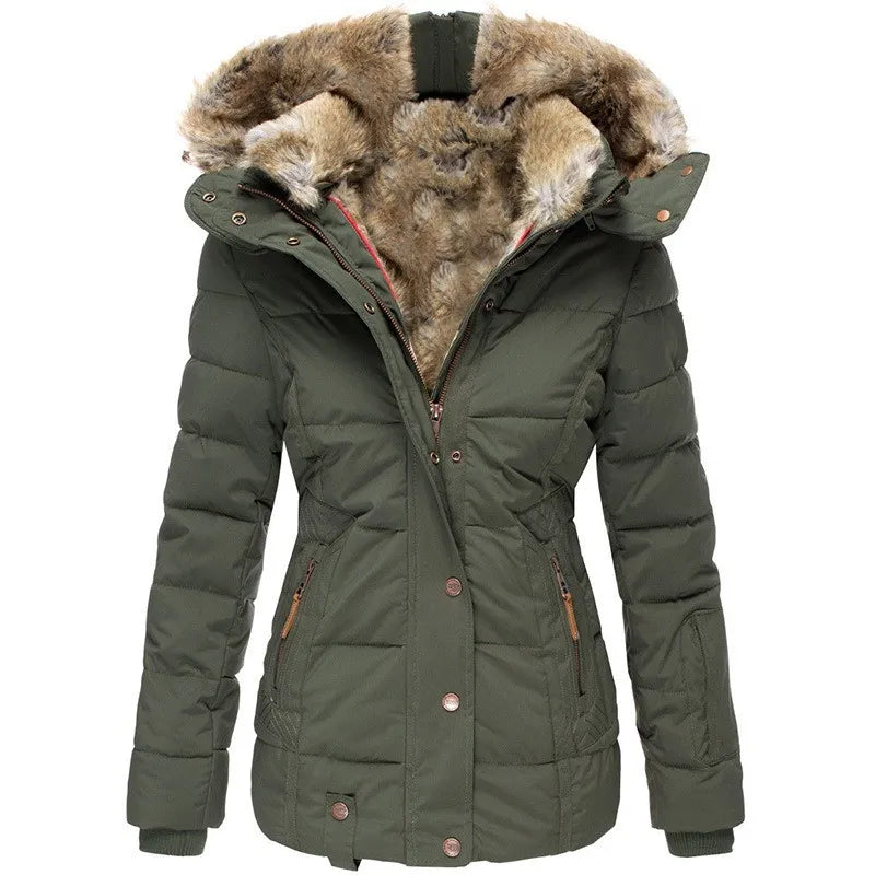 Legergroene dames winterjas met imitatiebont