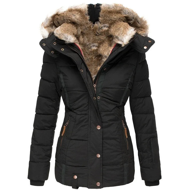 Zwarte dames winterjas met luxe bontkraag