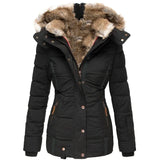 Zwarte dames winterjas met luxe bontkraag