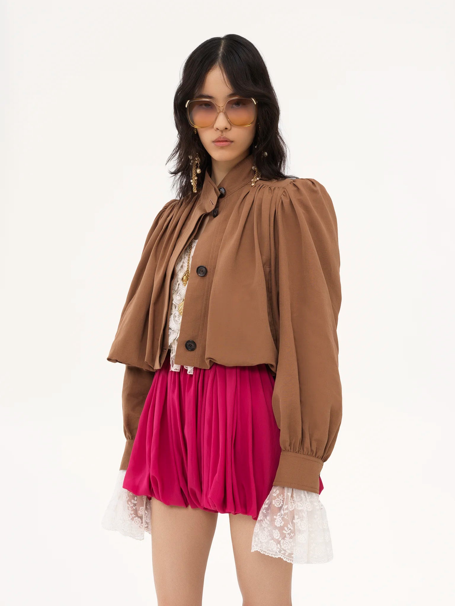 Luzette cropped bomber in bruin met roze rok