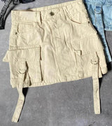 zandkleurige denim cargo minirok met grote zakken en riemlussen